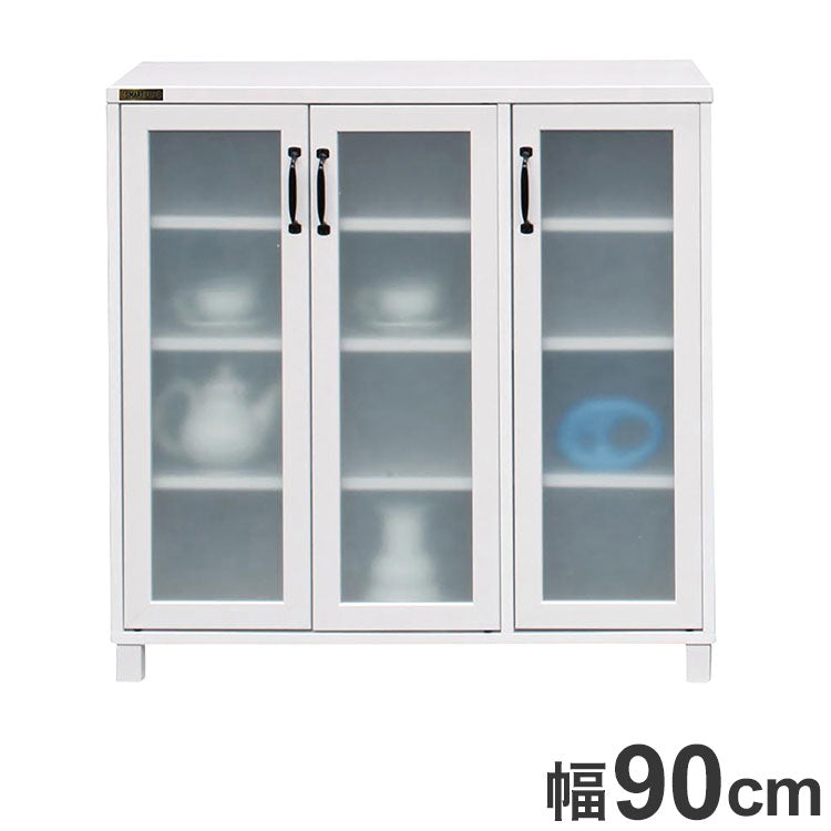 キャビネット 幅90cm コンパクト かわいい ホワイト シンプル ガラス調 扉 おしゃれ 北欧 飛散防止 棚 収納棚 新生活 一人暮らし(代引不可)