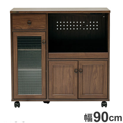 キッチンカウンター 幅90cm レンジ台 キャスター付き 炊飯器 モダン 木目調 シンプル ガラス調 扉 引き出し おしゃれ 北欧 かわいい 新生活 一人暮らし(代引不可)