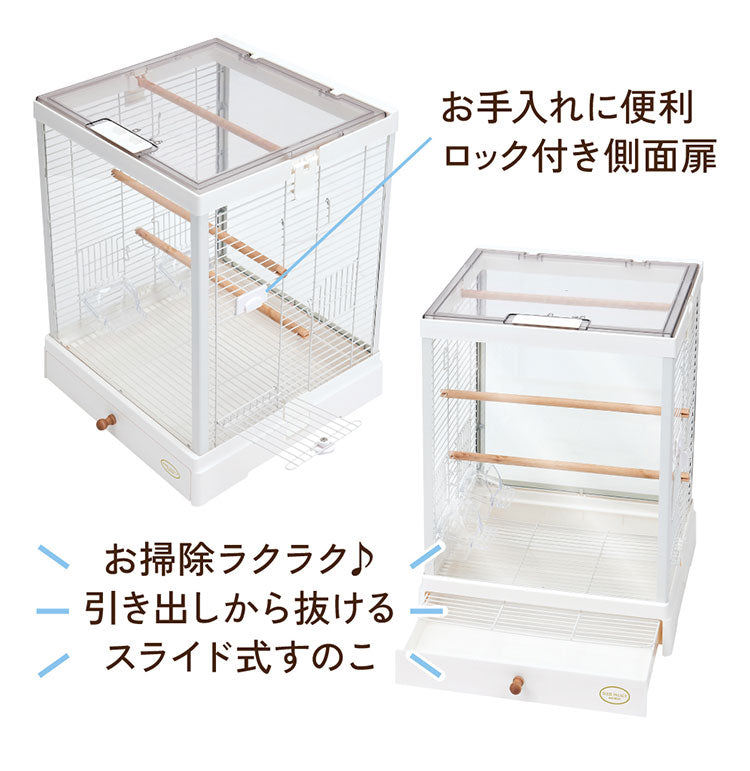 マルカン 鳥かご ケージ クリアスクリーン 40 ガラス ガラス製 クリア 透明 ホワイト ブラック 屋根付き 止まり木付き 天然木 お手入れ簡単 小型 コンパクト 鳥用 ゲージ サークル 鳥カゴ