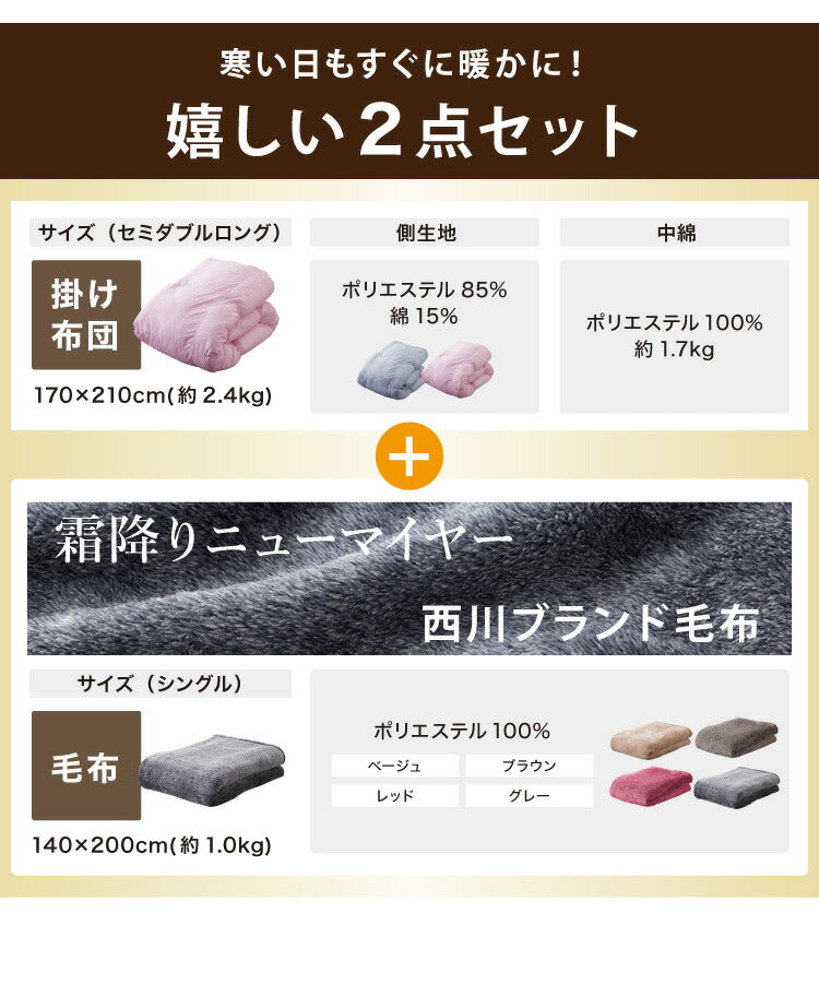 西川寝具セット 洗える 羽毛タッチ 掛け布団 毛布 セミダブル 掛布団 羽毛を超える暖かさ ふんわりボリューム 西川 人工羽毛 軽い 暖かい ほこりが出にくい ニオイがない 昭和西川 セミダブルロング(代引不可)