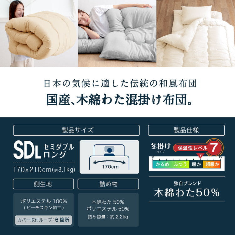 木綿わた 和風 掛け布団 セミダブルロング 2.2kg 日本製 綿混 掛け布団 セミダブル ロング 国産 綿わた布団 綿混ふとん 掛け 選べる 綿100% 肌に優しい 蒸れない 吸湿性(代引不可)
