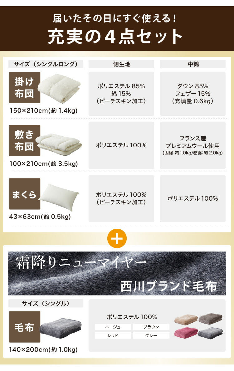 国産 布団セット 西川 シングル 羽毛布団 0.6kg ライト 羊毛布団 フランス産プレミアムウール ゴールドラベル 日本製 新生活 掛け布団 敷布団 枕 西川毛布 シングルロング 天然(代引不可)