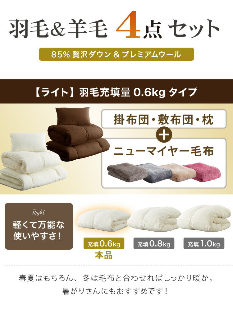国産 布団セット 西川 シングル 羽毛布団 0.6kg ライト 羊毛布団 フランス産プレミアムウール ゴールドラベル 日本製 新生活 掛け布団 敷布団 枕 西川毛布 シングルロング 天然(代引不可)