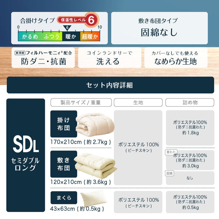 防ダニ かるふわ 布団3点セット セミダブルロング 日本製 防ダニ抗菌 布団3点セット(固綿なし) セミダブル ロング 布団セット 敷布団 布団干し ふとんセット(代引不可)