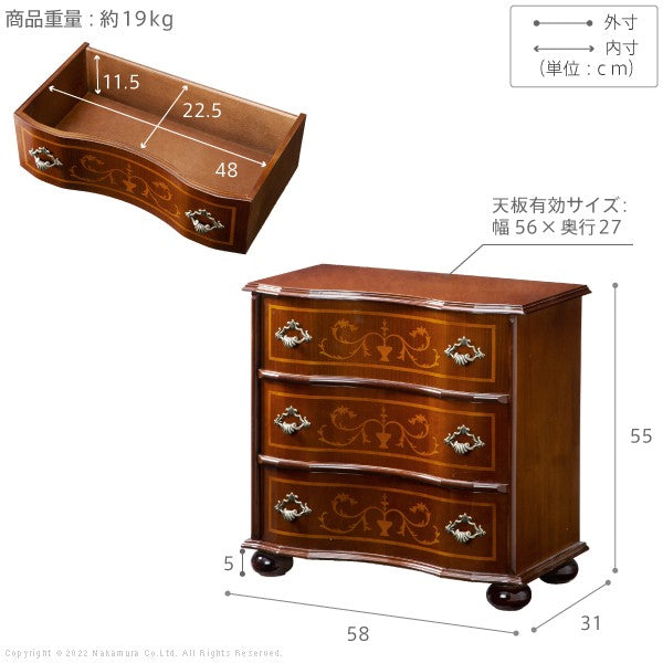 【5%OFF】完成品 イタリア製 ヴェローナ クラシック 丸脚 3段 チェスト 幅58 アンティーク 北欧 たんす タンス 三段 衣類収納 おしゃれ 木製 北欧 収納(代引不可)