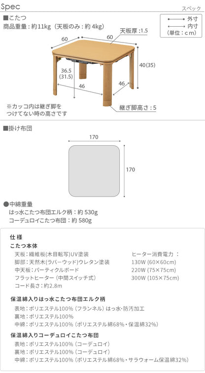 こたつ 折りたたみ 正方形 フラットヒーター折れ脚こたつ 〔フラットモリス〕 60x60cm+保温綿入りこたつ布団北欧柄 2点セット