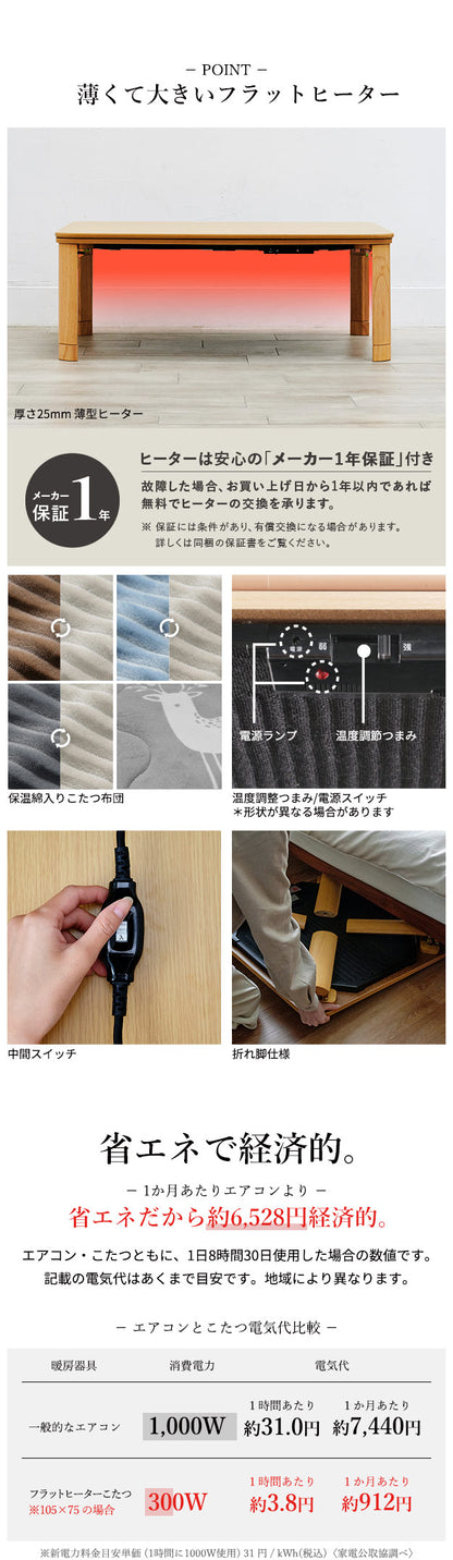 こたつ 折りたたみ 正方形 フラットヒーター折れ脚こたつ 〔フラットモリス〕 75x75cm+保温綿入りこたつ布団北欧柄 2点セット