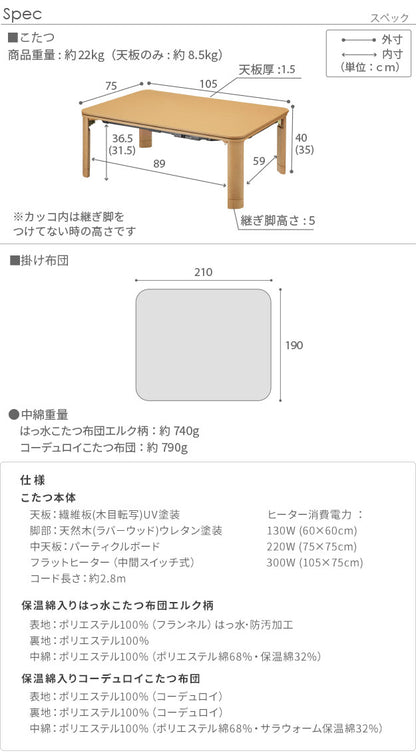 こたつ 折りたたみ 長方形 フラットヒーター折れ脚こたつ 〔フラットモリス〕 105x75cm+保温綿入りこたつ布団北欧柄 2点セット(代引不可)