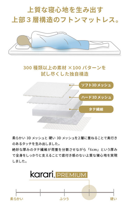 敷布団 敷き布団 マットレス フトンマットレス karari PREMIUM カラリプレミアム セミダブル SD 高級リネンシーツ付き 5層構造 除湿 通気性 極厚 硬め クッション性 部屋干し カビ防止(代引不可)
