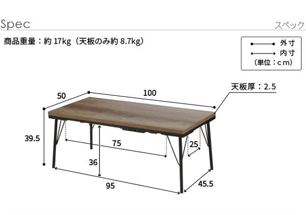 こたつ こたつテーブル ロータイプ 100×50 テーブル ローテーブル センターテーブル 長方形 スタイリッシュ おしゃれ オールシーズン フラットヒーター 省スペース 省エネ ヴィンテージ アイアン(代引不可)