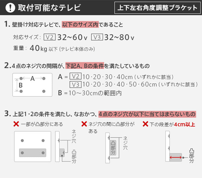 WALLインテリアテレビスタンド V2・V3対応 上下左右角度調整ブラケット 角度調節 無段階調整 黒 ブラック テレビ台 テレビスタンド 部品 パーツ スチール製 震度7耐震試験済 WALLオプション(代引不可)