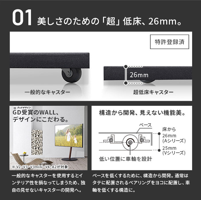 WALLインテリアテレビスタンド M1CASTER 収納付きキャスタースタンド 32~65v対応 壁寄せ 自立型 テレビ台 TVスタンド 背面収納 コード収納 ホワイト 白 ブラック 黒 ウォールナット ブラウン(代引不可)