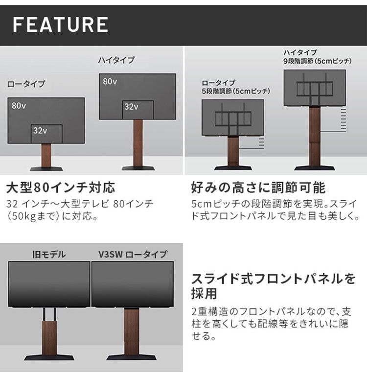 テレビスタンド TV台 ロータイプ 32~80v対応 ホワイト 白 ブラック 黒 ウォールナット ブラウン ナチュラル テレビ台 スタイリッシュ 幅70cm 奥行46cm 高さ100~120cm(代引不可)