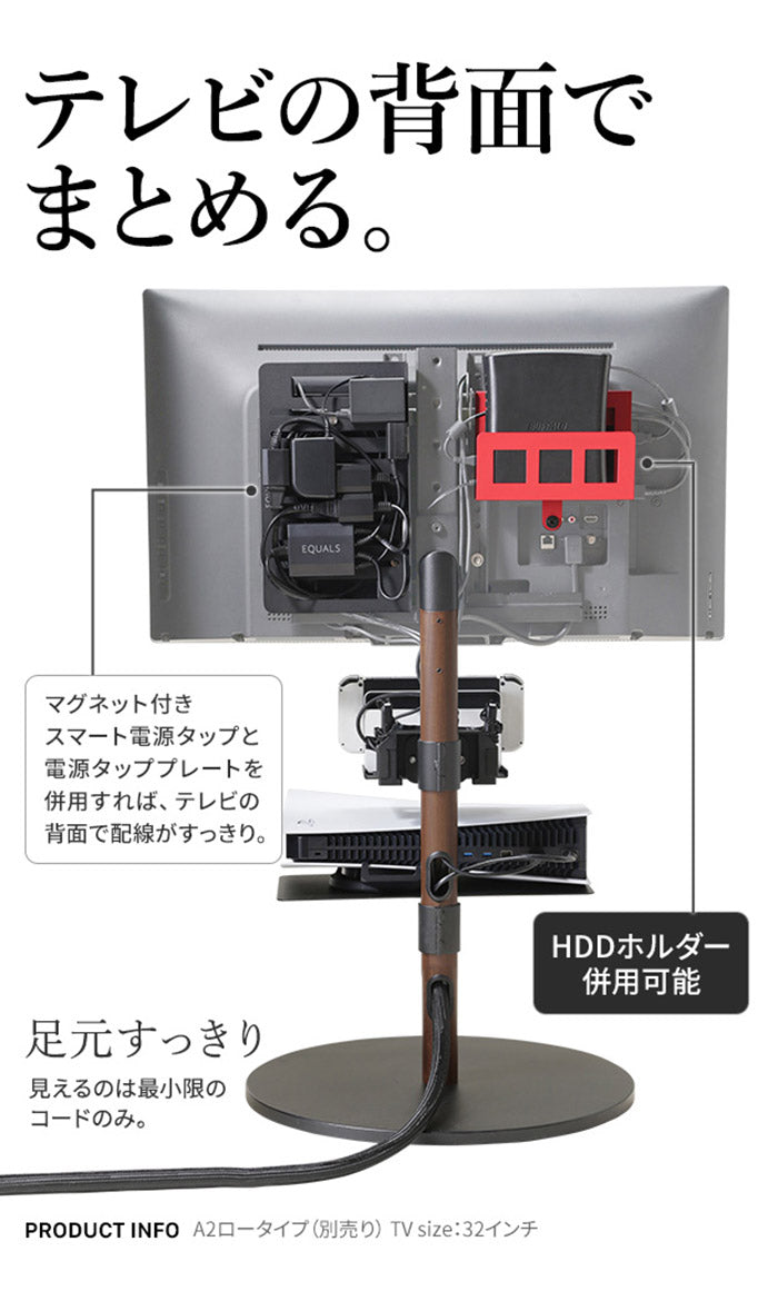 WALLインテリアテレビスタンド A2対応 スマート配線セット スマート電源タップ 電源タッププレート ケーブル収納 コード収納 背面収納 整理 配線整理 ブラック スチール製 延長コード セット(代引不可)