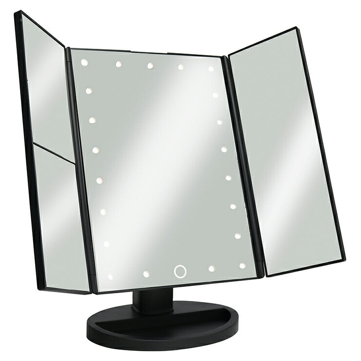 卓上ミラー ライト付き 無段階調光 拡大鏡 3倍 5倍 角度調節可 USB 乾電池 LED付き トレー付き メイク おしゃれ かわいい LEDメイクアップ3面ミラー 化粧鏡 メイクミラー スタンドミラー ブライトミラー