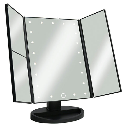 卓上ミラー ライト付き 無段階調光 拡大鏡 3倍 5倍 角度調節可 USB 乾電池 LED付き トレー付き メイク おしゃれ かわいい LEDメイクアップ3面ミラー 化粧鏡 メイクミラー スタンドミラー ブライトミラー