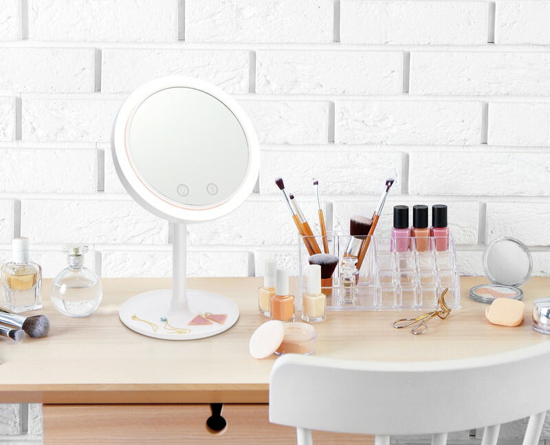 メイクミラー ファン付き LEDライト付き USB充電 北欧 おしゃれ 快適メイク スキンケア 無段階調光式 小物置き トレイ 角度調整 180° LEDメイクミラー スタンドミラー MEBL-109