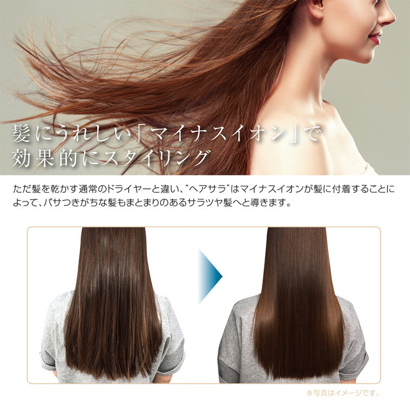 ドライヤー 風量2段階切替 大風量 約2.1m2/分 冷風 温風 ボタン切替 ノズル付 マイナスイオン ヘアサラ MEBL-148 小型 コンパクト スマート