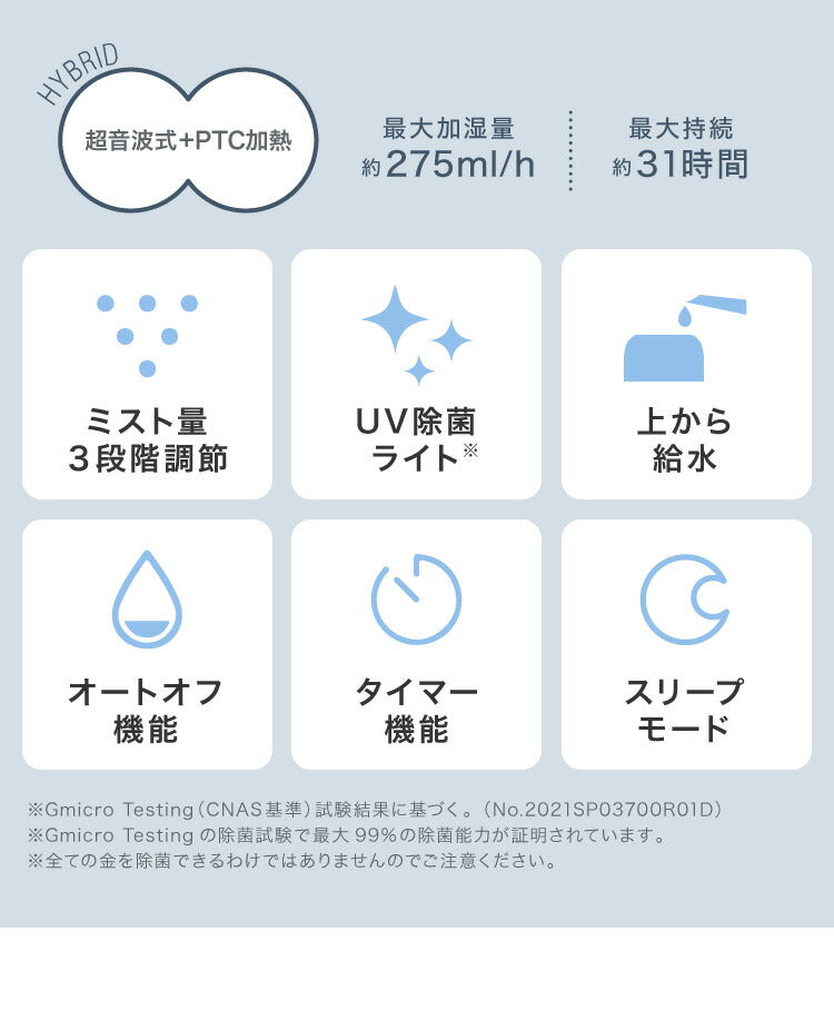 4.5L ハイブリッド加湿器 上部吸水 UV UV除菌 オートオフ タイマー ハイブリッド式 超音波式 加熱式 スチーム 透明タンク 加湿量3段階 小型 コンパクト クリミス MES-58