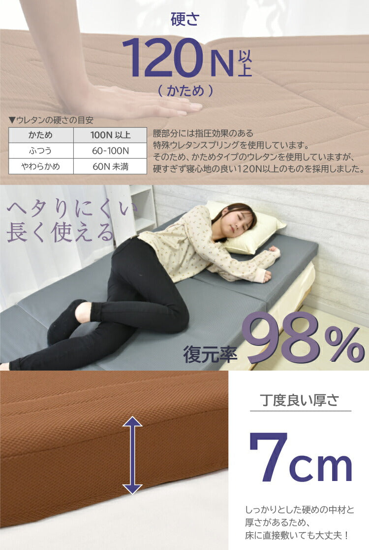 丸八真綿 マットレス シングル 厚さ7cm スリーポイントマットレス ウレタンマットレス 3つ折り 体圧分散 硬め 120N 高反発 ベッドマットレス 通気 洗える(代引不可)