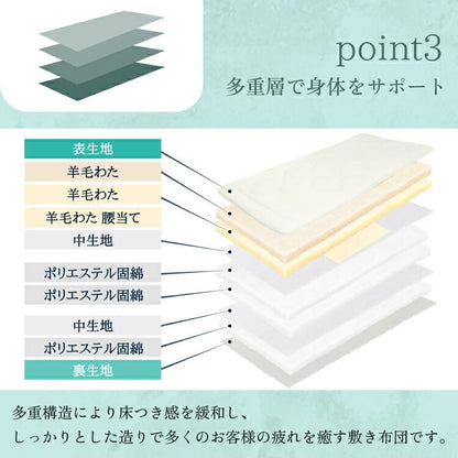 丸八真綿 3層羊毛敷きふとん ライト シングル 敷布団 ホテル 旅館 厚さ7cm 羊毛敷き布団 ボリューム 寝具 布団 新生活(代引不可)