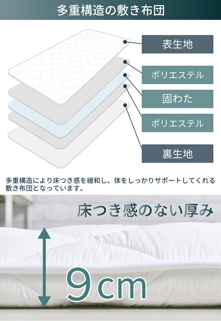 合繊3層敷き布団 シングル 100×210cm 厚み9cm 抗菌防臭 防ダニ 軽量 敷き布団 固綿 ホワイト さらさら 新生活(代引不可)