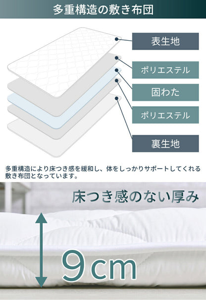 合繊3層敷き布団 シングル 100×210cm 厚み9cm 抗菌防臭 防ダニ 軽量 敷き布団 固綿 ホワイト さらさら 新生活(代引不可)