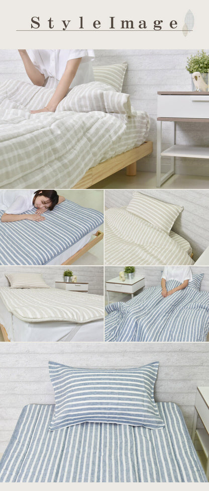 麻ストライプ ボックスシーツ セミダブル 120x200X35cm マットレスカバー おしゃれ ウォッシャブル 洗濯可能 通年 オールシーズン リネン(代引不可)