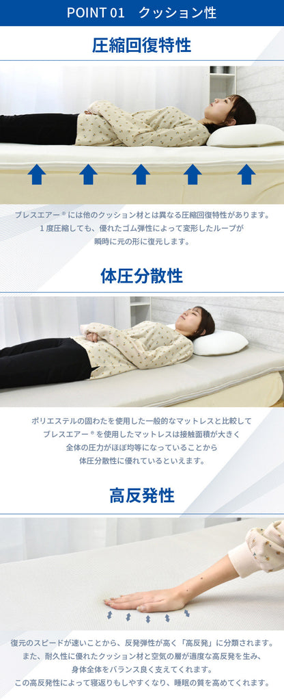 ブレスエアー ダブルエアー マットレス 95×200cm 厚み5cm 日本製 通気性 高反発 体圧分散 洗える 抗菌防臭 軽量 丸八真綿(代引不可)