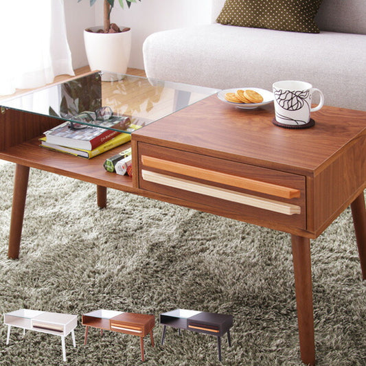 テーブル ウォールナット ガラス 木製 ローテーブル 引き出し 北欧 OSLO 【リビングテーブル オスロ】