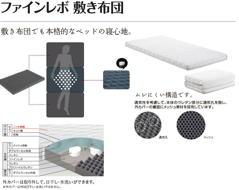 ASLEEP(アスリープ) ファインレボ 敷布団 シングル DF8101M 日本製 洗える 高反発 敷布団 敷ふとん 敷きふとん マット不要 厚さ10cm 低反発 3つ折り 収納(代引不可)