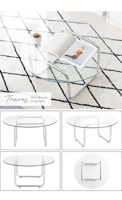 テーブル 机 ガラステーブル ラウンドテーブル ローテーブル 丸 強化ガラス ステンレス脚 アジャスター trares 作業 韓国 おしゃれ 幅80cm 奥行80cm 高さ38.5cm 透明 クリア シルバーフレーム(代引不可)