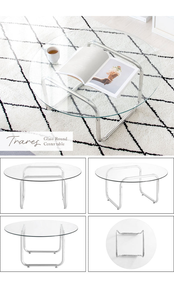 テーブル 机 ガラステーブル ラウンドテーブル ローテーブル 丸 強化ガラス ステンレス脚 アジャスター trares 作業 韓国 おしゃれ 幅80cm 奥行80cm 高さ38.5cm 透明 クリア シルバーフレーム(代引不可)