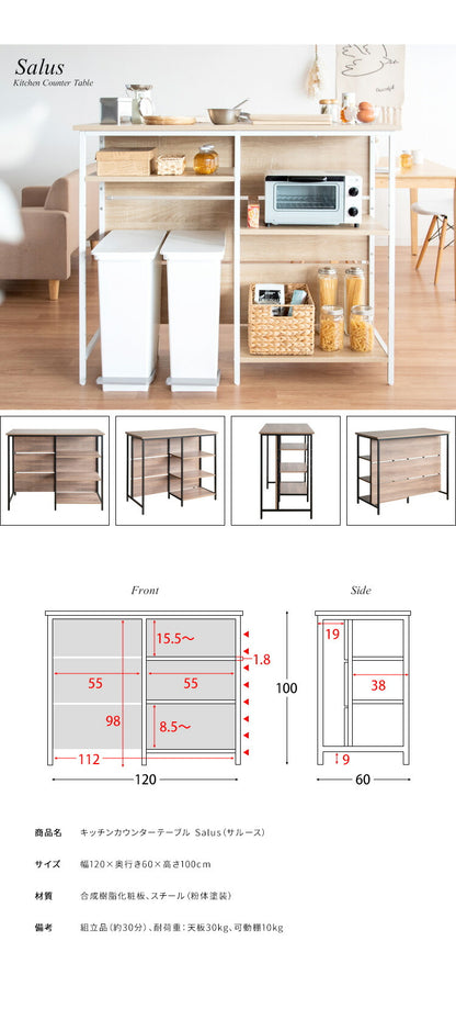キッチンカウンターテーブル カウンターテーブル キッチン 幅120cm 高さ100cm ゴミ箱上収納 収納 キッチン収納 キッチンラック キッチンカウンター テーブル 木目調 ナチュラル(代引不可)