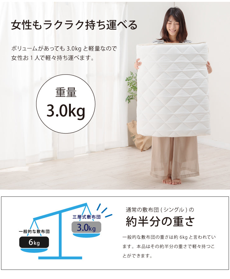 敷き布団 セミシングル 80×200cm 日本製 防ダニ 抗菌防臭 テイジン マイティトップ 三層 敷布団 保温 軽量 帝人 しきぶとん 子供用 ジュニア 女性用 一人暮らし ワンルーム 車中泊 キャンプ【送料無料】