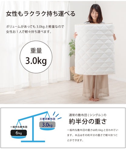 敷き布団 セミシングル 80×200cm 日本製 防ダニ 抗菌防臭 テイジン マイティトップ 三層 敷布団 保温 軽量 帝人 しきぶとん 子供用 ジュニア 女性用 一人暮らし ワンルーム 車中泊 キャンプ【送料無料】