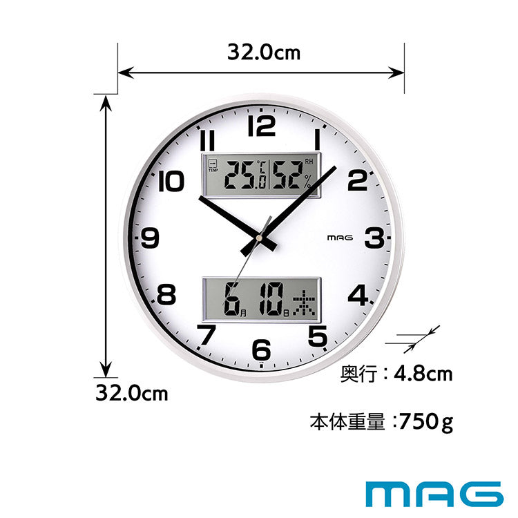 ノア精密 MAG デジアナ掛時計 ダブルポスト W-766 WH-Z 温湿度計 カレンダー 連続秒針 デジタル アナログ マグ