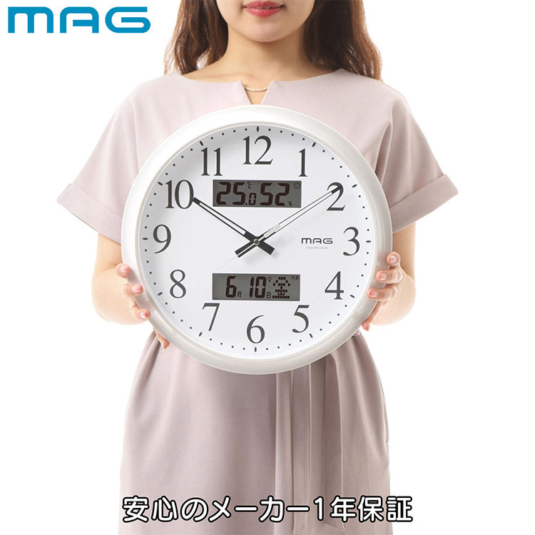 ノア精密 ダブルリンク MAG 電波掛け時計 W-711 WH 温湿度計付き 電波時計
