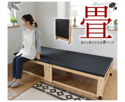 中居木工 日本製 折りたたみ 炭入り 畳 ベッド ひのき ハイタイプ ワイドシングル 和風 木製 ヒノキ 檜 スノコ 天然木 コンパクト 省スペース キャスター付き