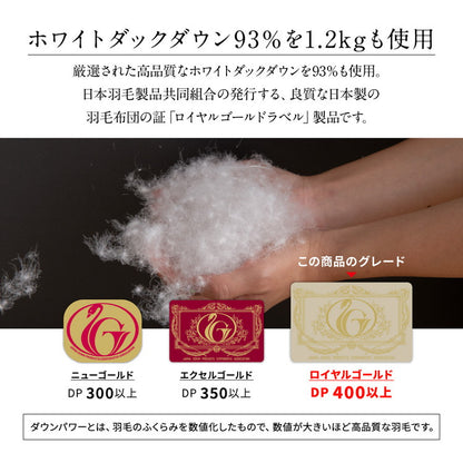 羽毛布団 ロイヤルゴールドラベル 93% 日本製 ホワイトダックダウン シングルロング セミダブルロング ダブルロング ダウンパワー400dp 国産 羽毛ふとん 掛け布団 保温性 高級感 高品質