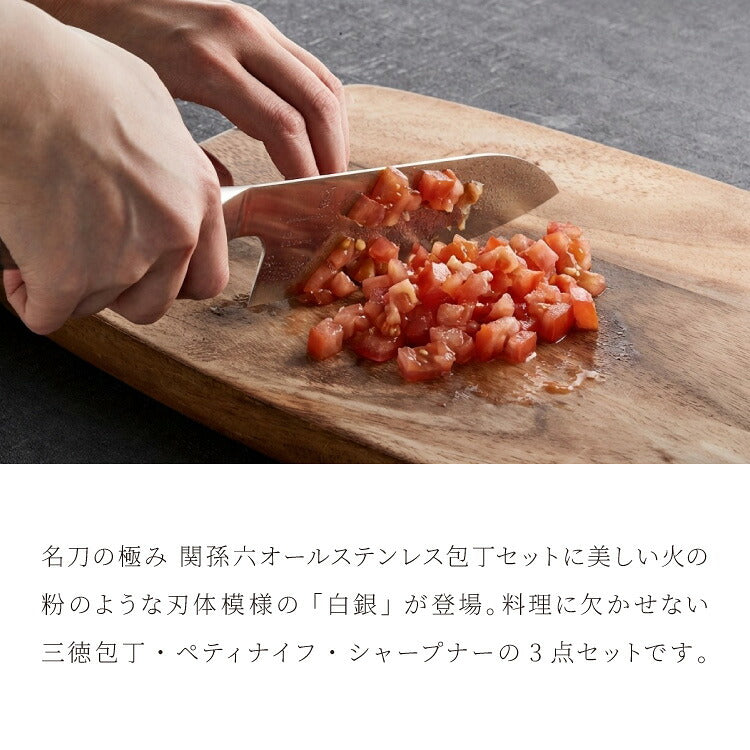 貝印 関孫六 匠創 白銀 包丁セット 三徳包丁 ペティナイフ 純正シャープナー 日本製 オールステンレス 火の粉 エッチング加工 包丁研ぎ 砥ぎ器 ナイフ 3点セット KAI 関の刃物