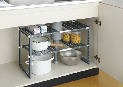 シンク下収納 2段 伸縮式 幅50cm~75cm 外せる棚板 高さ調節 排水管をよけて設置 シンク下フリーラック伸縮タイプ シンク下 ラック 収納 キッチン収納 キッチンラック 棚 VR-RG 伸晃 Belca