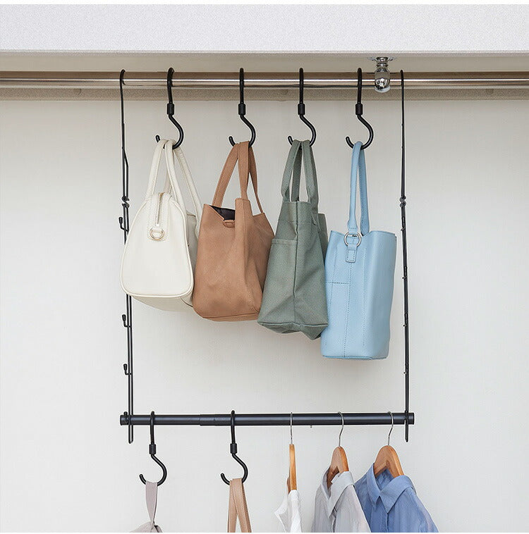 クローゼット 吊り下げハンガー カバン収納 伸縮タイプ 回転フック6個セット CH-KH 2段ハンガー ブランコ式 幅・高さ調節 フック付き 押入れ収納 押入収納 鞄収納 ハンガーラック