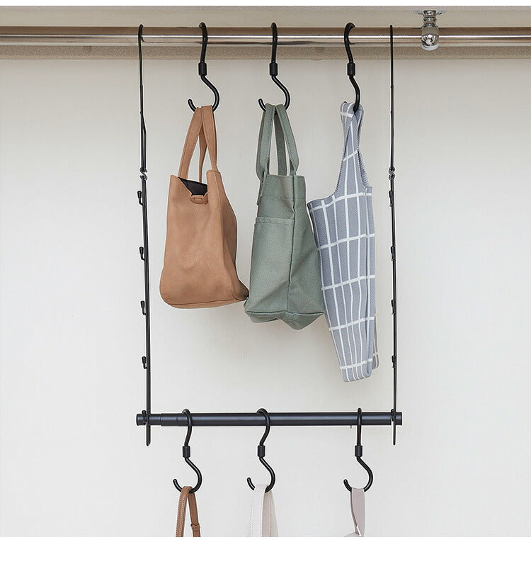 クローゼット 吊り下げハンガー カバン収納 伸縮タイプ 回転フック6個セット CH-KH 2段ハンガー ブランコ式 幅・高さ調節 フック付き 押入れ収納 押入収納 鞄収納 ハンガーラック