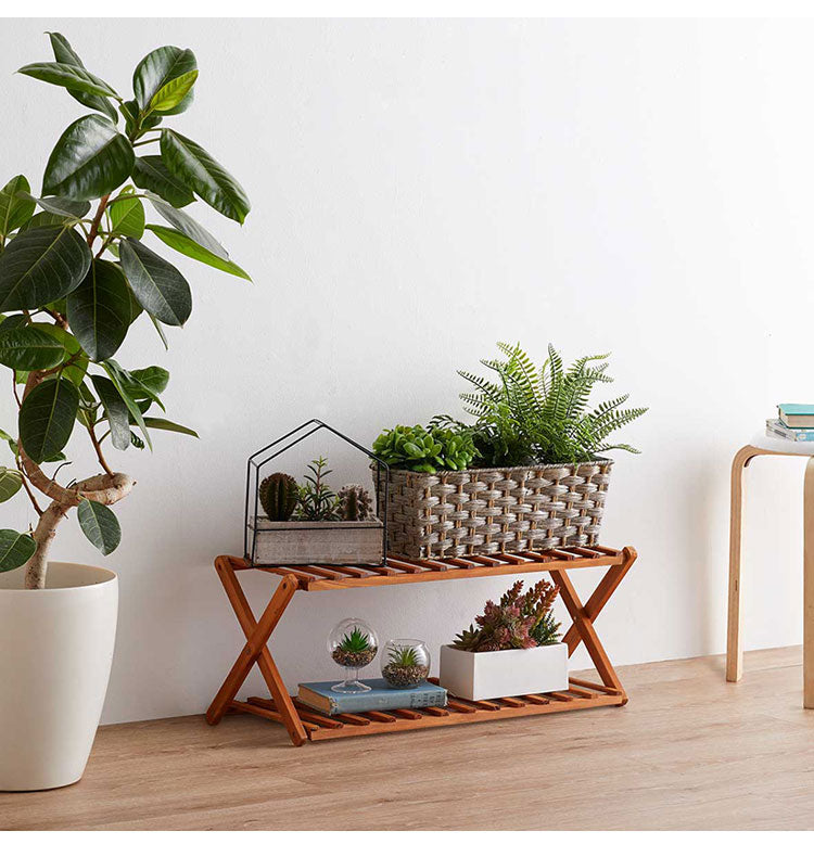 天然木 折りたたみ シューズラック 2段 オープンラック ガーデンラック 棚 シェルフ フラワースタンド 花台 ウッドラック ガーデニング 木製 玄関収納 スリッパラック アウトドア キャンプ おしゃれ
