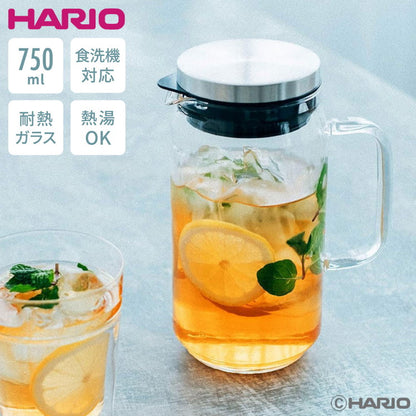 HARIO ウォータージャグ 750ml 耐熱ガラス 食洗機対応 ピッチャー ピッチャー 麦茶ポット ステンレス フタ 取っ手付き 冷水筒 冷水ポット ドアポケット 扉 熱湯OK 縦ライン スタイリッシュ おしゃれ
