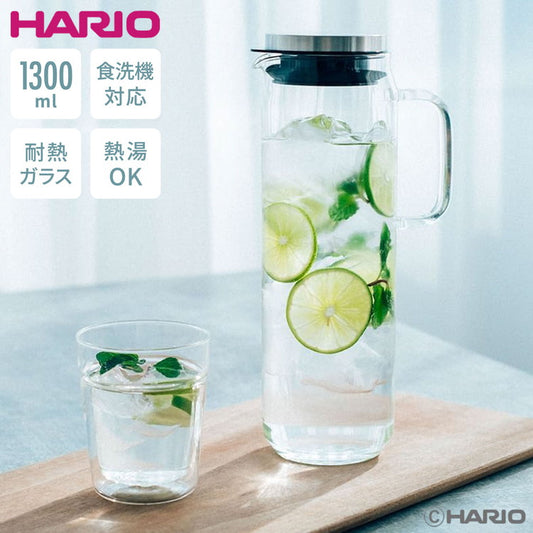 HARIO ウォータージャグ 1300ml 耐熱ガラス 食洗機対応 ピッチャー ピッチャー 麦茶ポット ステンレス フタ 取っ手付き 冷水筒 冷水ポット ドアポケット 扉 熱湯OK 縦ライン スタイリッシュ おしゃれ