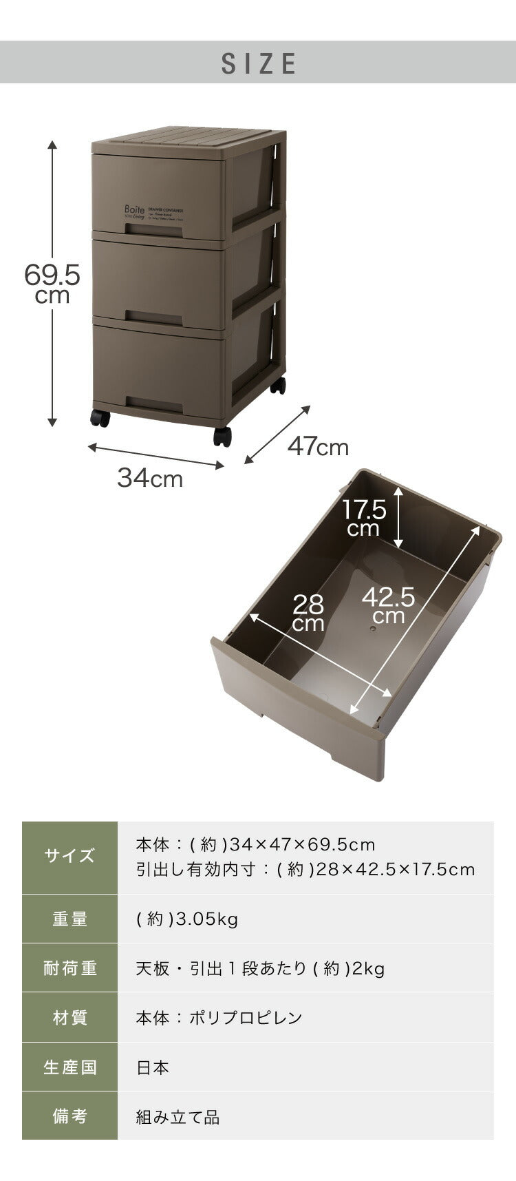 デザイン収納ケース チェスト 幅34 Boite スリム 3段 日本製 収納ボックス コンテナ 引き出し 衣類収納 リビング 収納 衣類ケース クローゼット 押入れ 大容量 おしゃれ