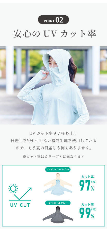 爽壁 多機能UVパーカー UVカットパーカー ショート丈 ツバ付 UVカット率98% 接触冷感 吸水速乾 体型カバー フェイスガード アームカバー 羽織 通勤 通学 レディース 日焼け 紫外線対策 長袖 コジット