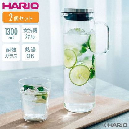 【2個セット】 HARIO ウォータージャグ 1300ml 耐熱ガラス 食洗機対応 ピッチャー ピッチャー 麦茶ポット ステンレス フタ 取っ手付き 冷水筒 冷水ポット ドアポケット 扉 熱湯OK 縦ライン おしゃれ